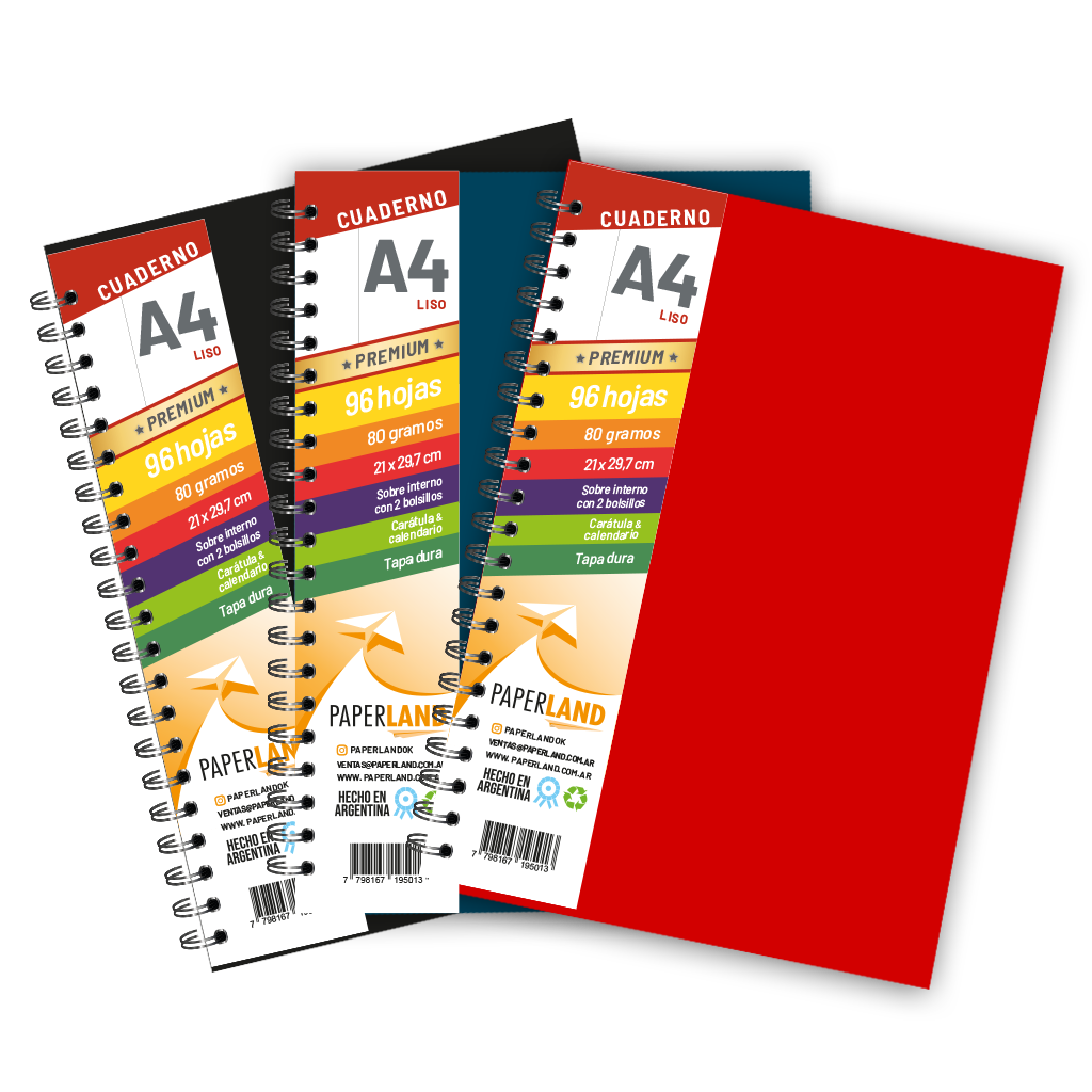 Cuaderno A4  / 96 hs lisas de 80 gr. / x 12u. - Tapas de colores intensos