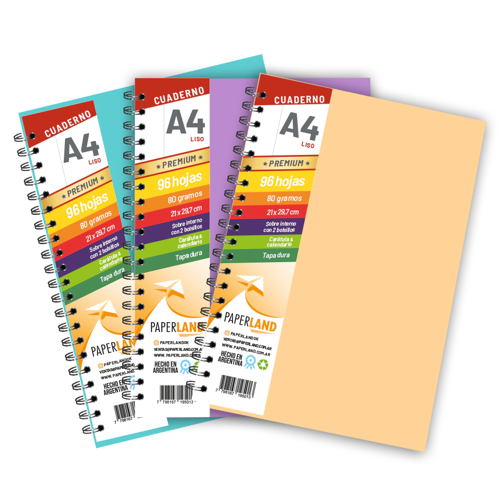 Cuaderno A4  / 96 hs lisas de 80 gr. / x 12u. -  Tapas de colores pastel