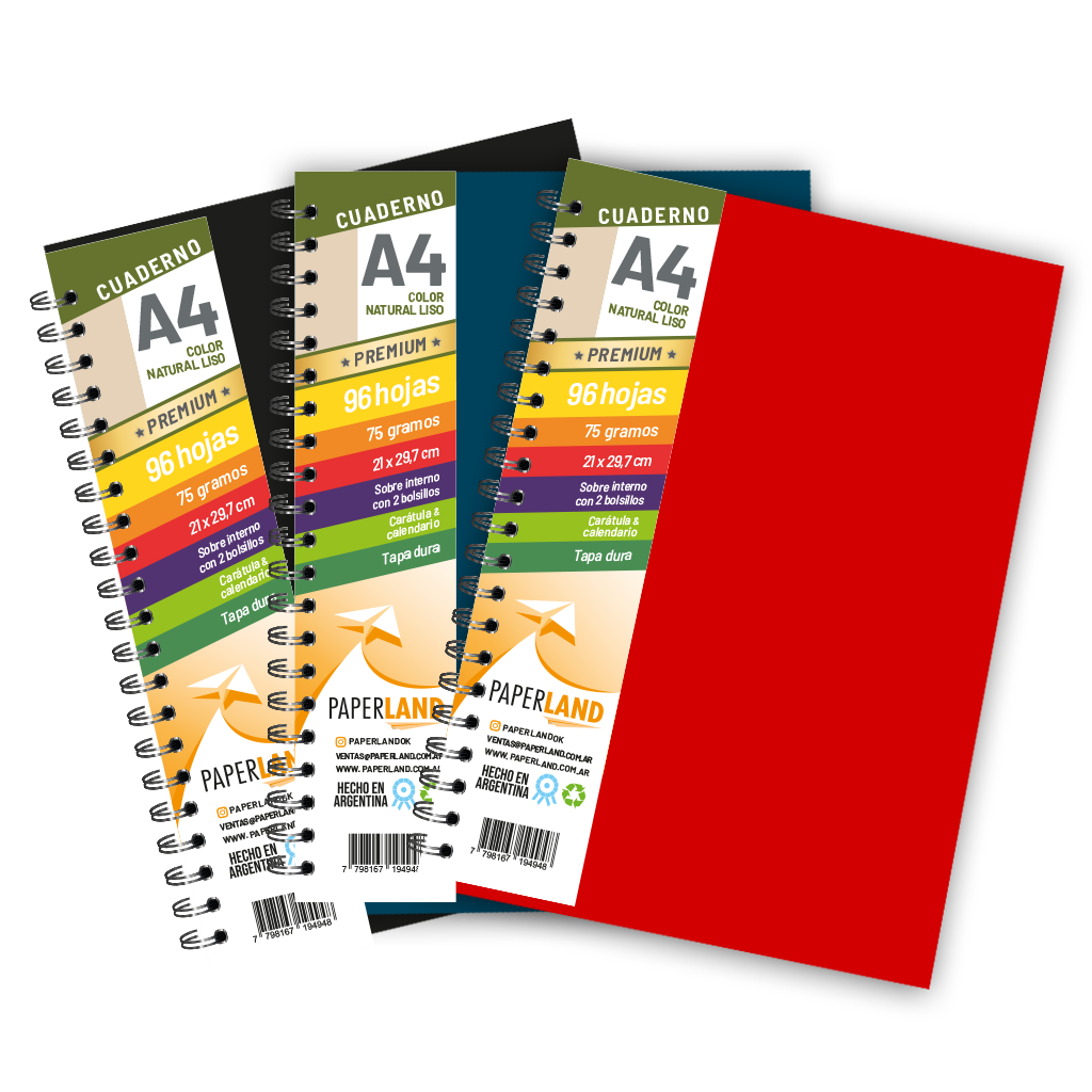 Cuaderno A4  / 96 hs nat de 75 gr. / x 12u. - Tapas de colores intensos