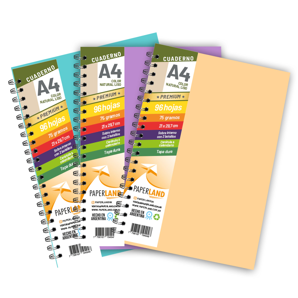Cuaderno A4  / 96 hs nat de 75 gr. / x 12u. -  Tapas de colores pastel