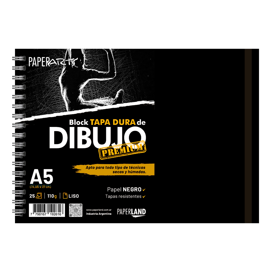 Block art NEGRO Premium TD c/espiral y elast. 25hs LISO 110gr A5 x4u